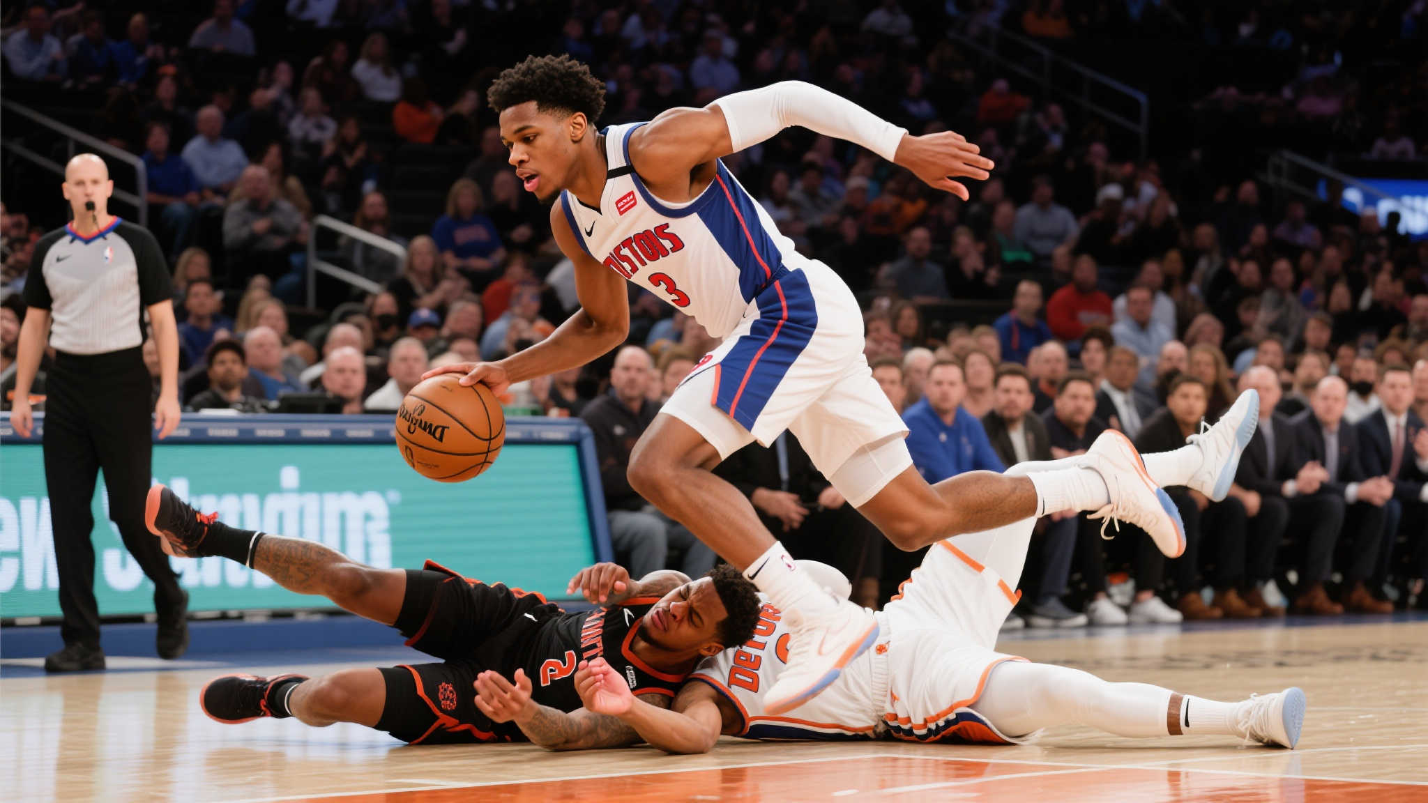 马瑟林持球发起突破,空中与多尔特碰撞重摔地板 马瑟林持球发起突破,空中与多尔特碰撞重摔地板